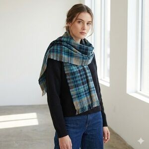 Vintage Holt Renfrew blue plaid extra fine wool shawl wrap scarf with fringe